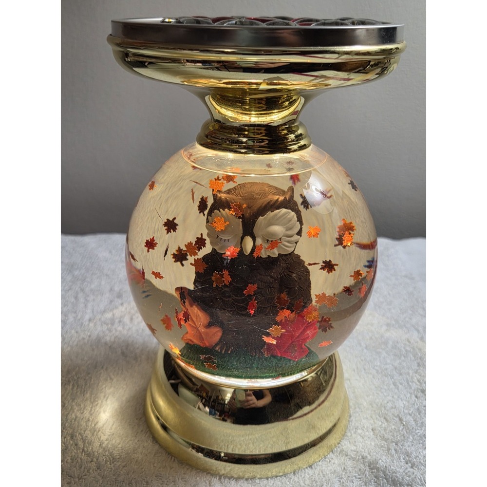 Bath Body Works Fall Owl Swirling Water Globe 3-Wick Candle Holder Pedestal